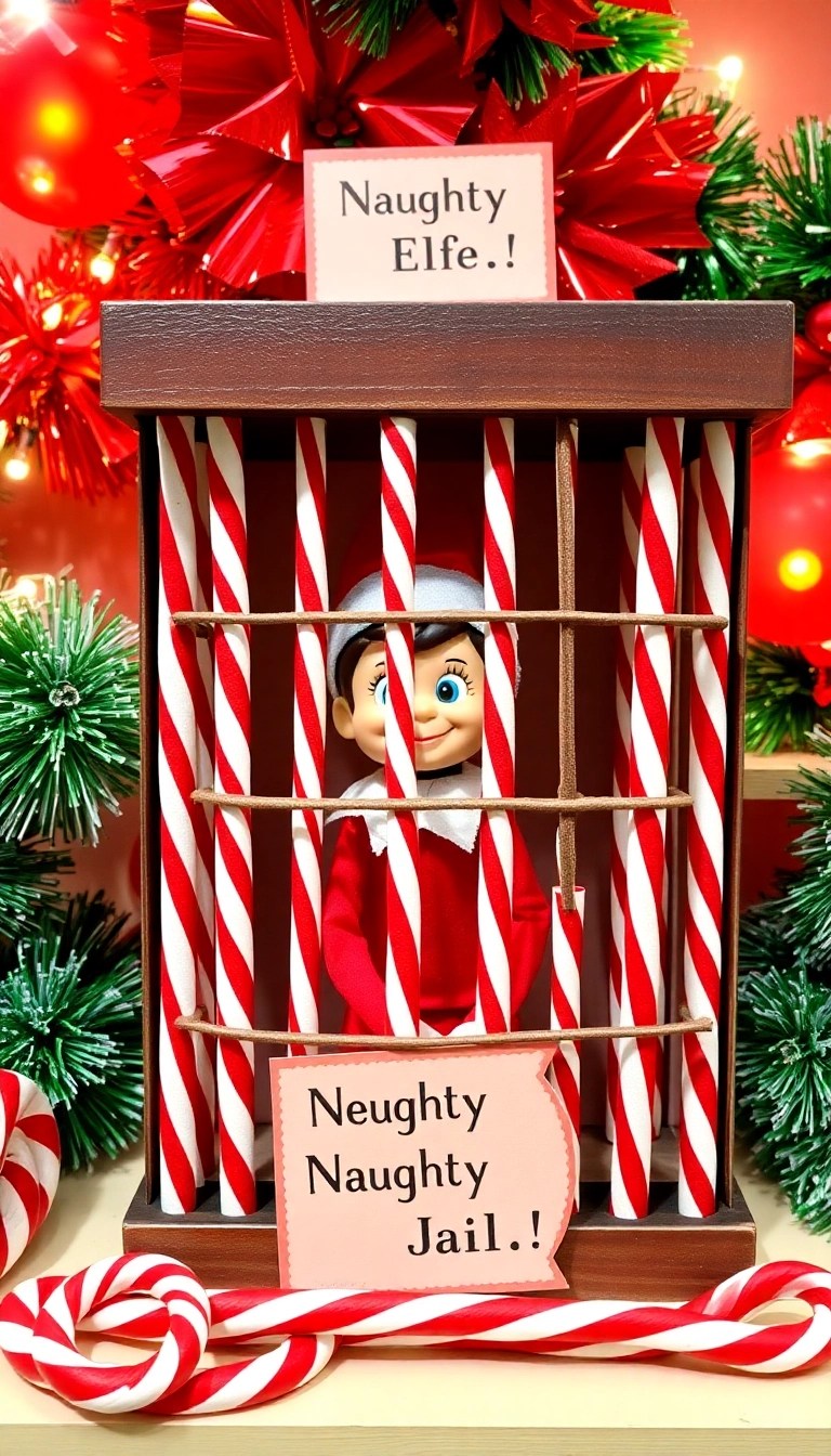 10 Last-Minute Elf on the Shelf Ideas That Will Save Your Christmas Spirit! - 1. Elf in a Candy Cane Jail