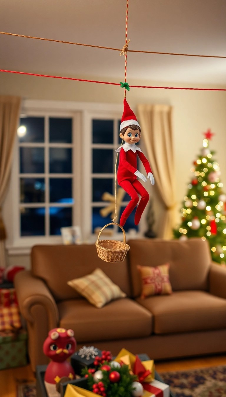 10 Last-Minute Elf on the Shelf Ideas That Will Save Your Christmas Spirit! - 4. Elf Ziplining Across the Room