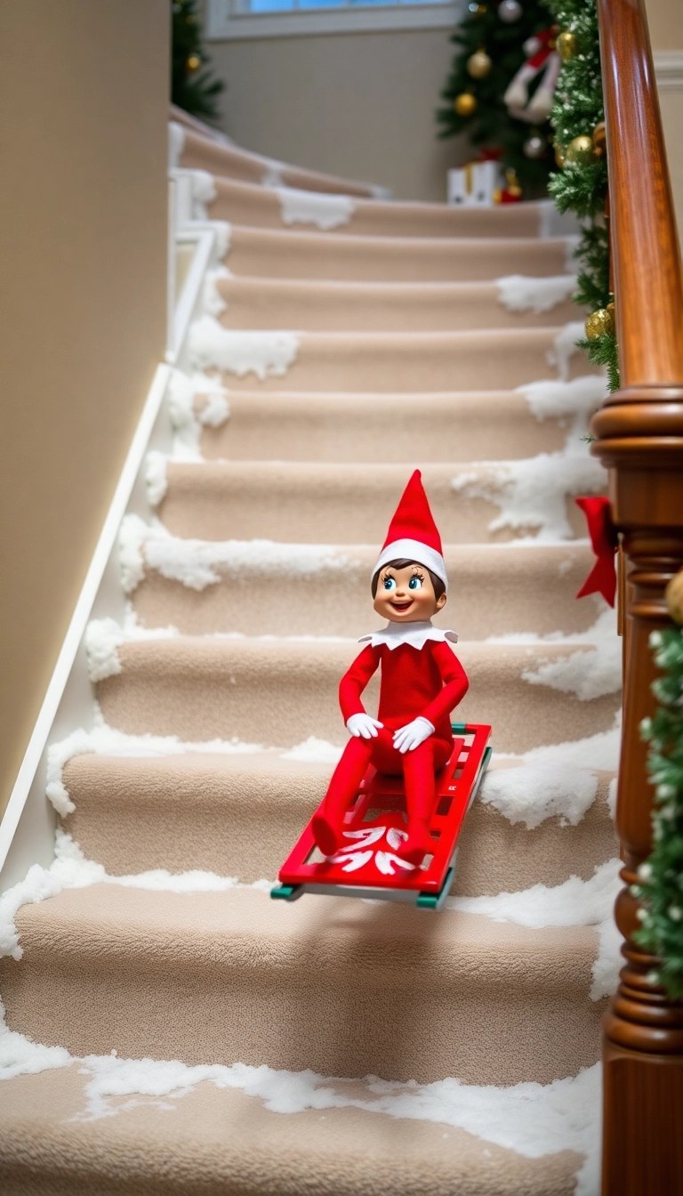 10 Last-Minute Elf on the Shelf Ideas That Will Save Your Christmas Spirit! - 6. Elf Sledding Down the Stairs