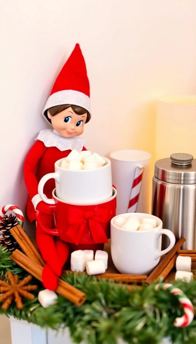 10 Last-Minute Elf on the Shelf Ideas That Will Save Your Christmas Spirit! - 7. Elf with a Hot Cocoa Bar