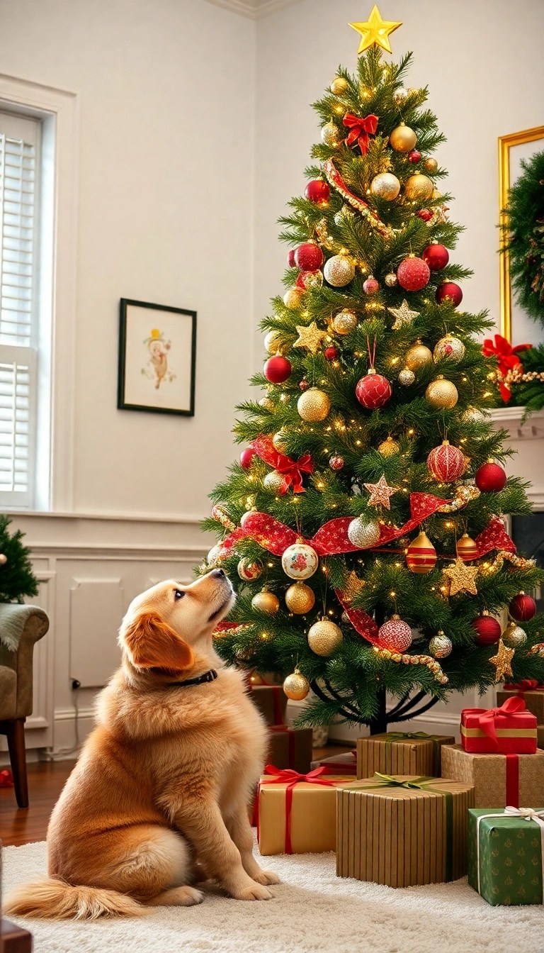 12 Charming Christmas Photo Ideas with Pets That Will Melt Your Heart! - 3. Christmas Tree Sidelines