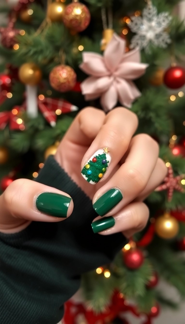 12 Quick Christmas Nail Ideas for Last-Minute Holiday Prep (You Can Do #3 in 10 Minutes!) - 4. Christmas Tree Accent Nail