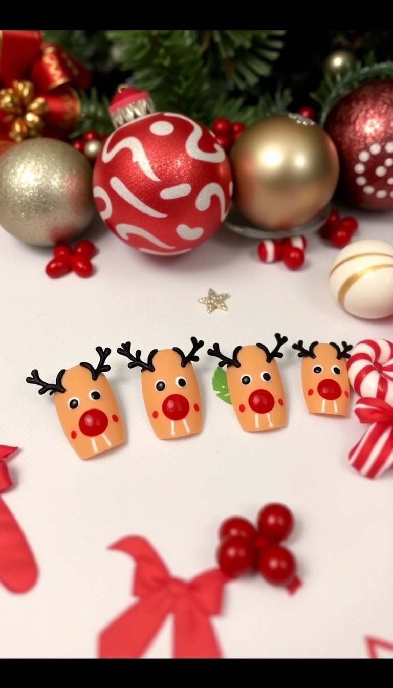 14 Easy Christmas Nail Art Tutorials to Get You in the Holiday Spirit! (Tutorial #3 Will Wow You!) - 6. Cute Reindeer Faces