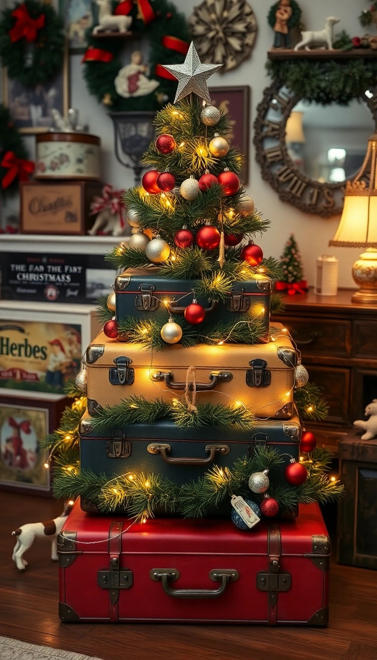 20 Stunning DIY Christmas Tree Ideas You Can Make for Under $50 - 14. Vintage Suitcase Tree