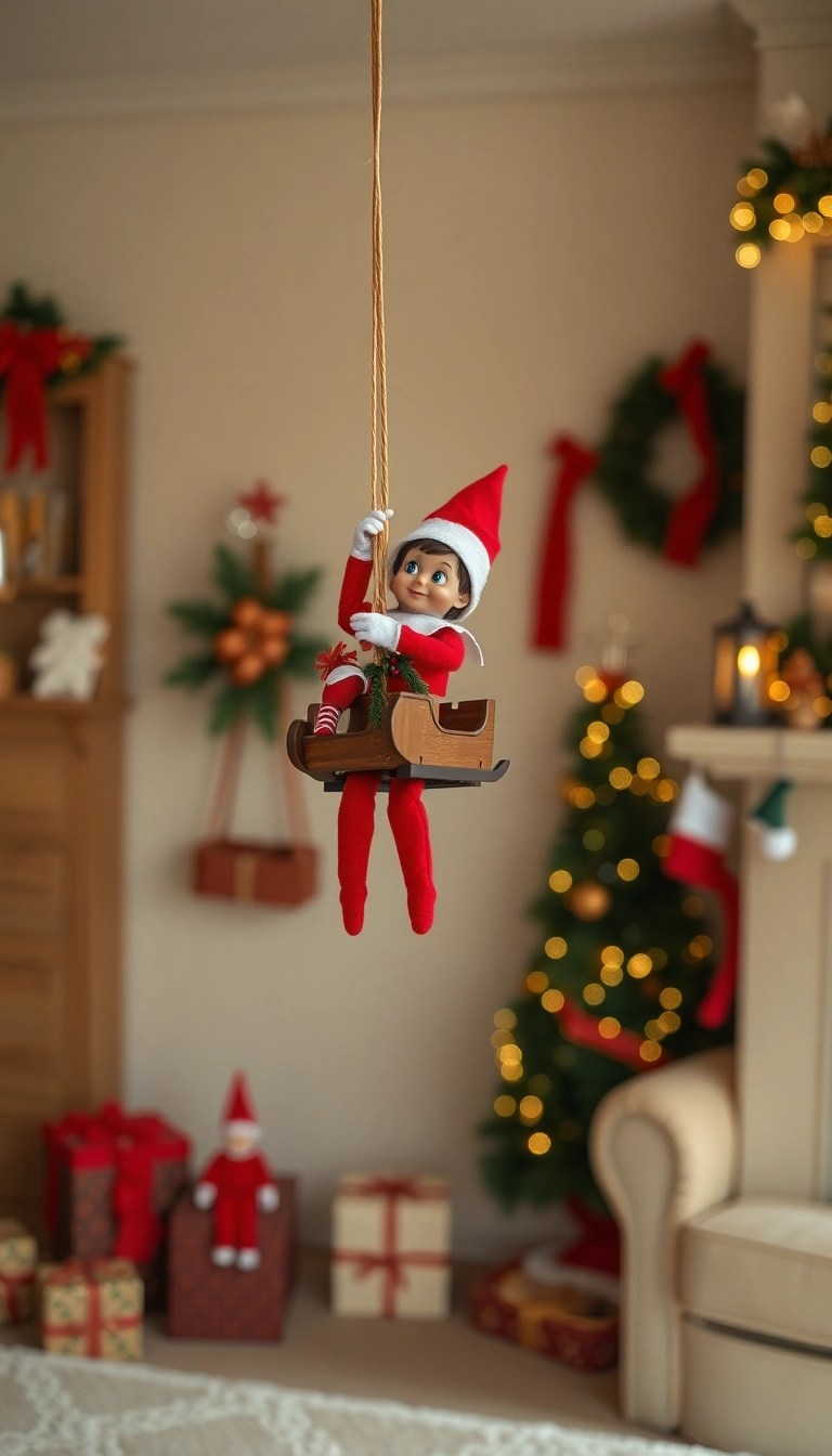 25 Hilarious Elf on the Shelf Ideas That'll Have You Laughing Out Loud! - 10. Elf on a Shelf Zip Line