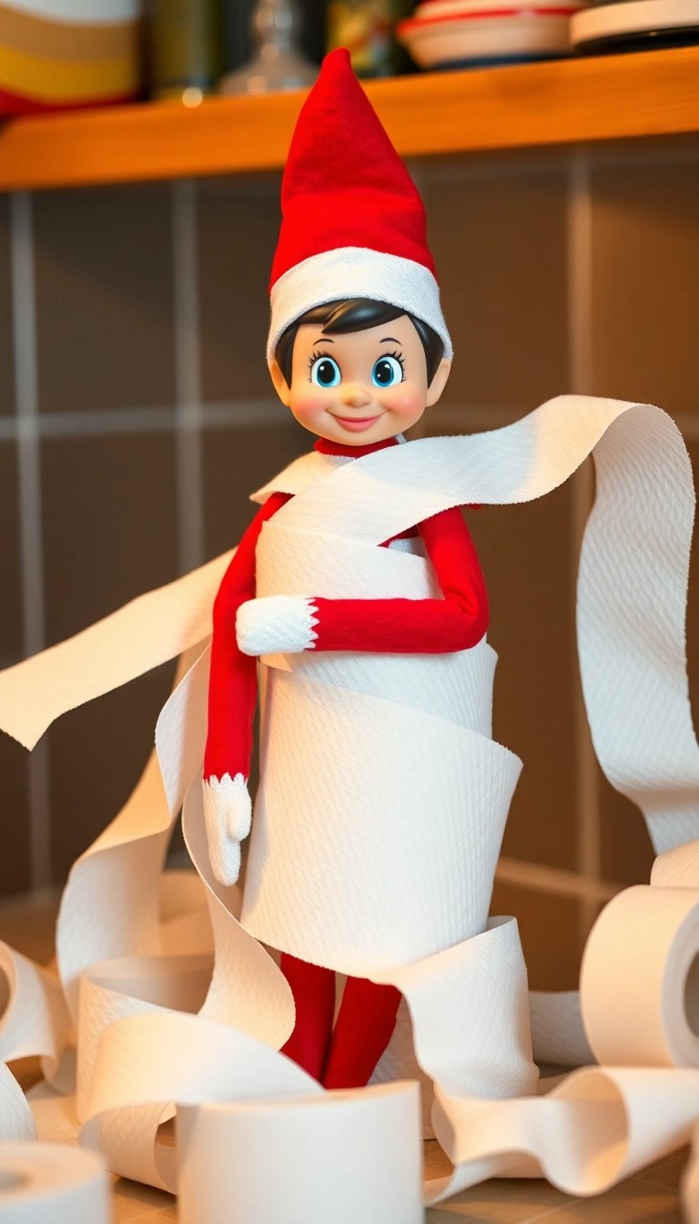 25 Hilarious Elf on the Shelf Ideas That'll Have You Laughing Out Loud! - 3. Elf Toilet Paper Roll Fun