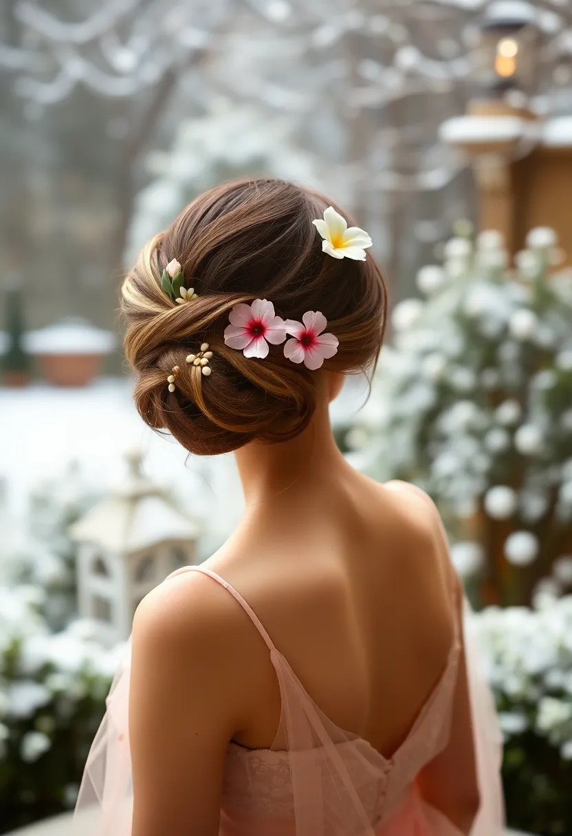 20 Elegant Updo Hairstyles for January Events (You'll Love #3!) - 16. The Floral Updo