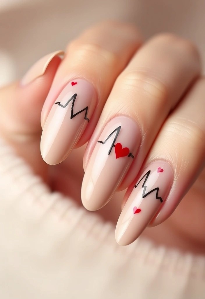 20 Stunning Valentine's Day Nails That’ll Make You Fall in Love (You Won't Believe #10!) - 10. Heartbeat Line